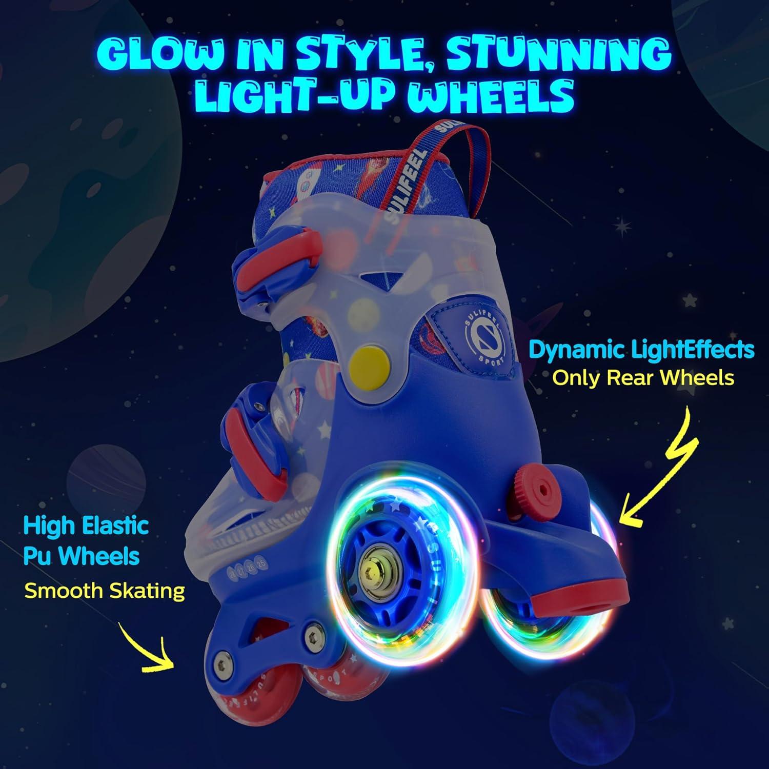imageSULIFEEL Adjustable Roller Skates for Girls Boys KidsFun Illuminating Light Up Flash Wheels ThreePoint Type Balance Suitable for Beginners Indoor Roller SkatingSpace Blue