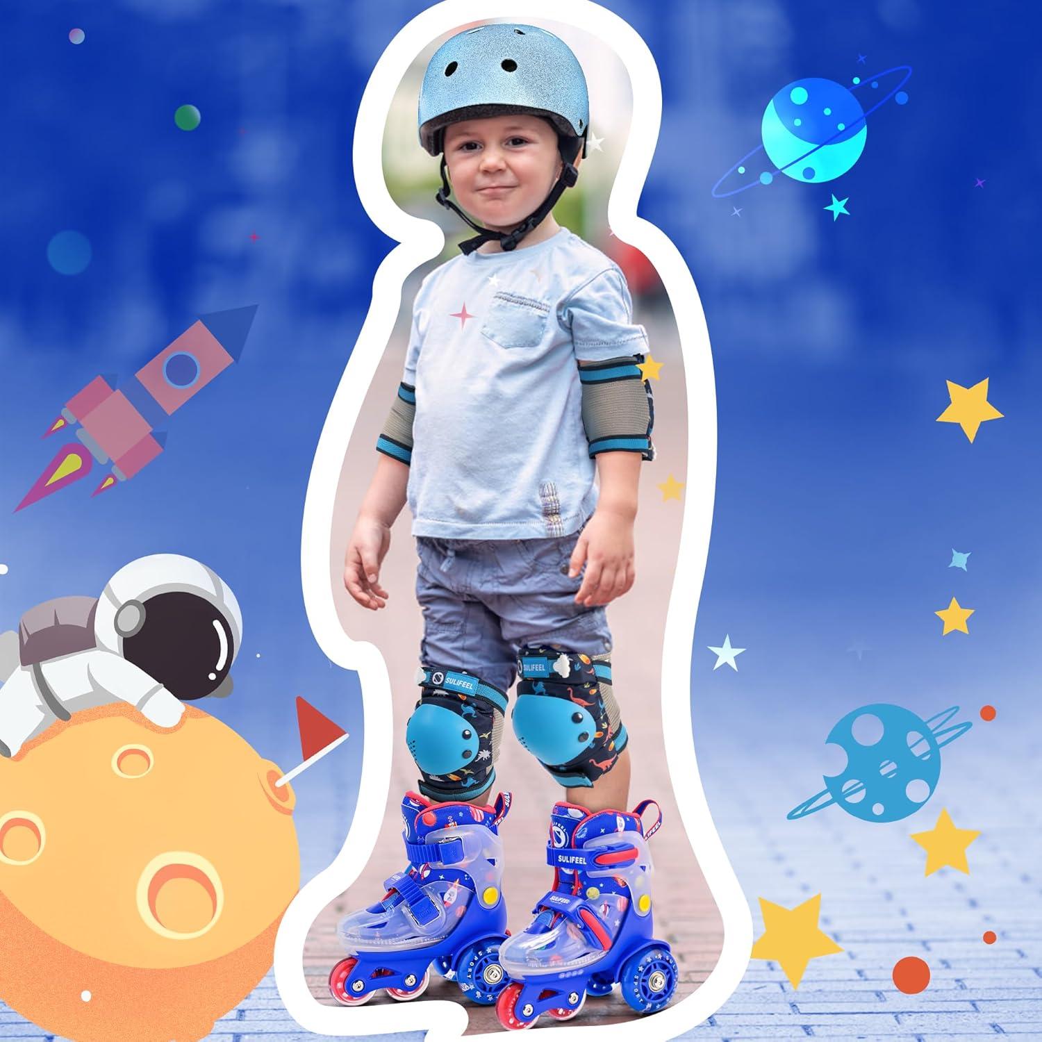imageSULIFEEL Adjustable Roller Skates for Girls Boys KidsFun Illuminating Light Up Flash Wheels ThreePoint Type Balance Suitable for Beginners Indoor Roller SkatingSpace Blue