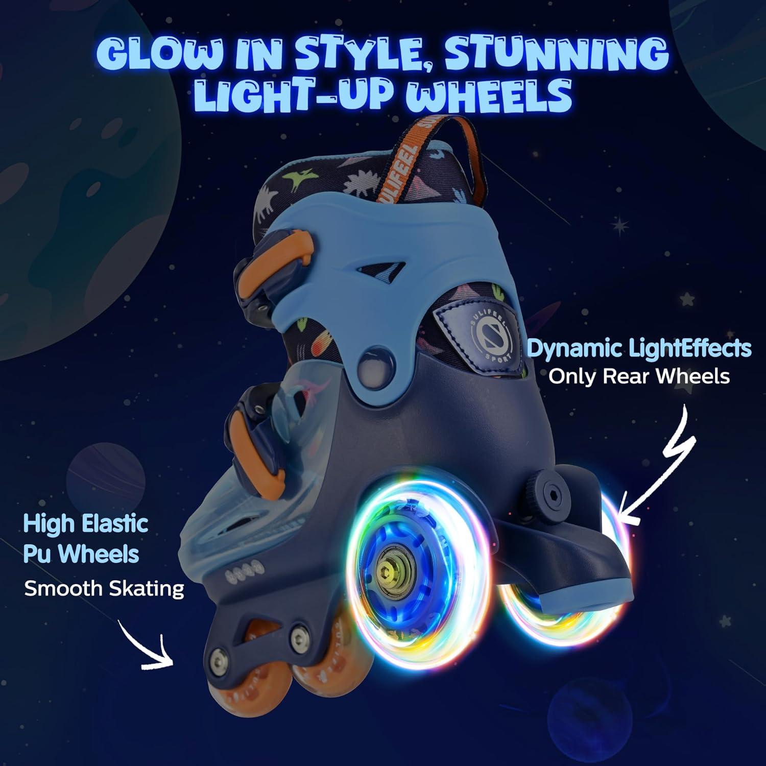 imageSULIFEEL Adjustable Roller Skates for Girls Boys KidsFun Illuminating Light Up Flash Wheels ThreePoint Type Balance Suitable for Beginners Indoor Roller SkatingDinosaur Blue