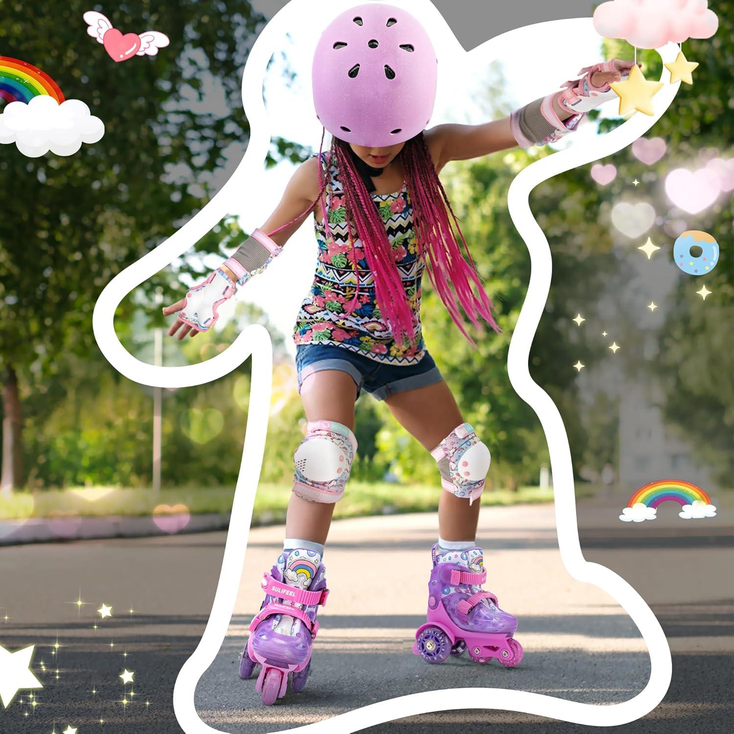 imageSULIFEEL Adjustable Roller Skates for Girls Boys KidsFun Illuminating Light Up Flash Wheels ThreePoint Type Balance Suitable for Beginners Indoor Roller SkatingPurple  Pink