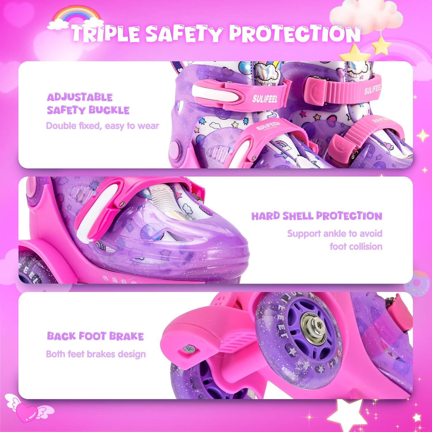 imageSULIFEEL Adjustable Roller Skates for Girls Boys KidsFun Illuminating Light Up Flash Wheels ThreePoint Type Balance Suitable for Beginners Indoor Roller SkatingPurple  Pink