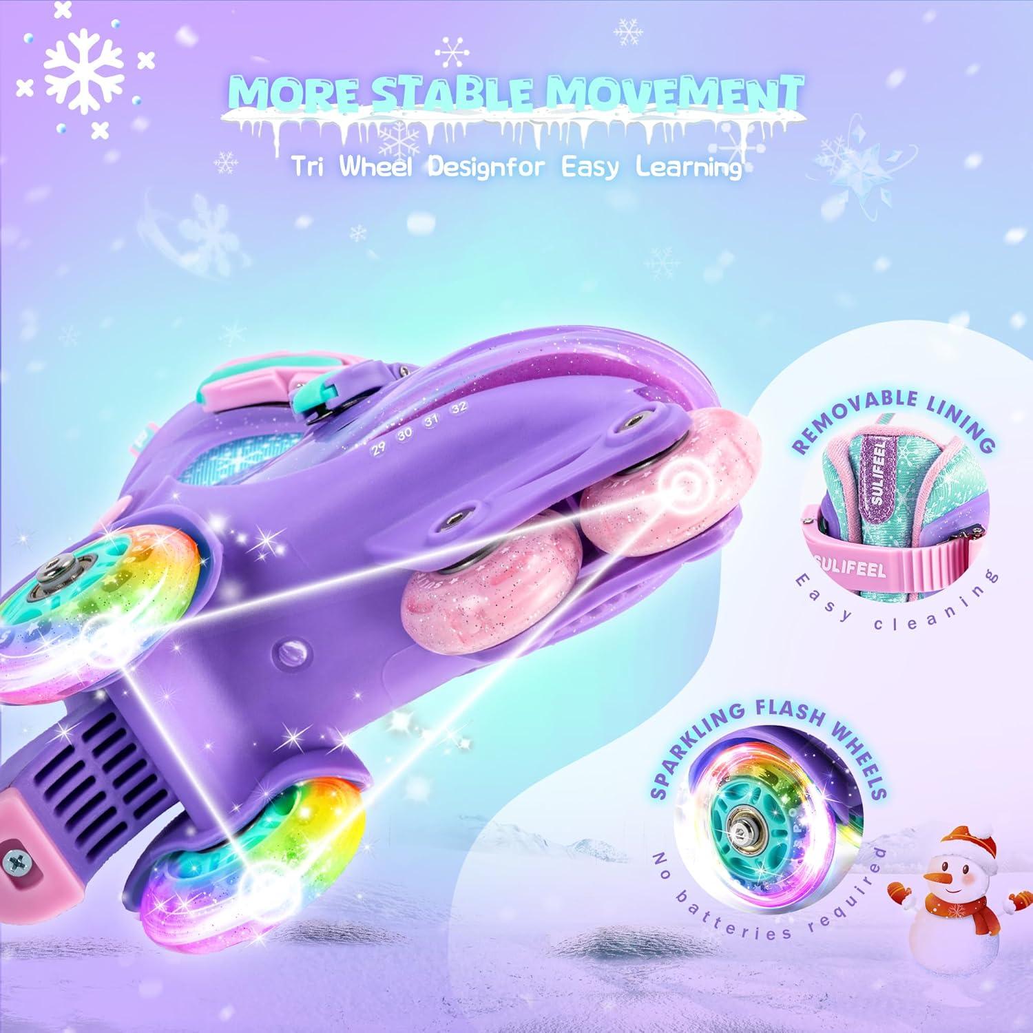 imageSULIFEEL Adjustable Roller Skates for Girls Boys KidsFun Illuminating Light Up Flash Wheels ThreePoint Type Balance Suitable for Beginners Indoor Roller SkatingSnowflake Blue