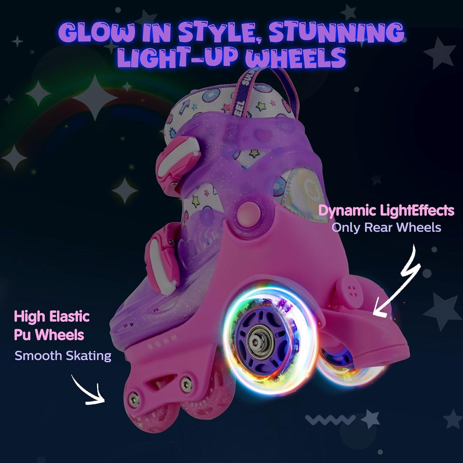 imageSULIFEEL Adjustable Roller Skates for Girls Boys KidsFun Illuminating Light Up Flash Wheels ThreePoint Type Balance Suitable for Beginners Indoor Roller SkatingPurple  Pink