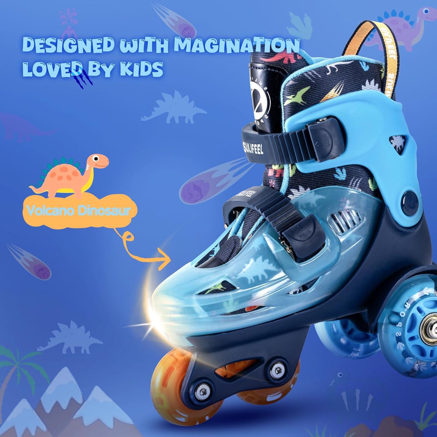 imageSULIFEEL Adjustable Roller Skates for Girls Boys KidsFun Illuminating Light Up Flash Wheels ThreePoint Type Balance Suitable for Beginners Indoor Roller SkatingDinosaur Blue