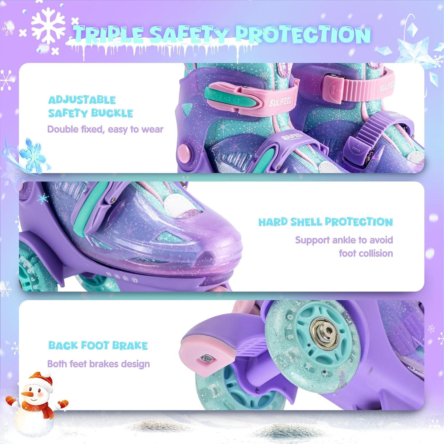 imageSULIFEEL Adjustable Roller Skates for Girls Boys KidsFun Illuminating Light Up Flash Wheels ThreePoint Type Balance Suitable for Beginners Indoor Roller SkatingSnowflake Blue