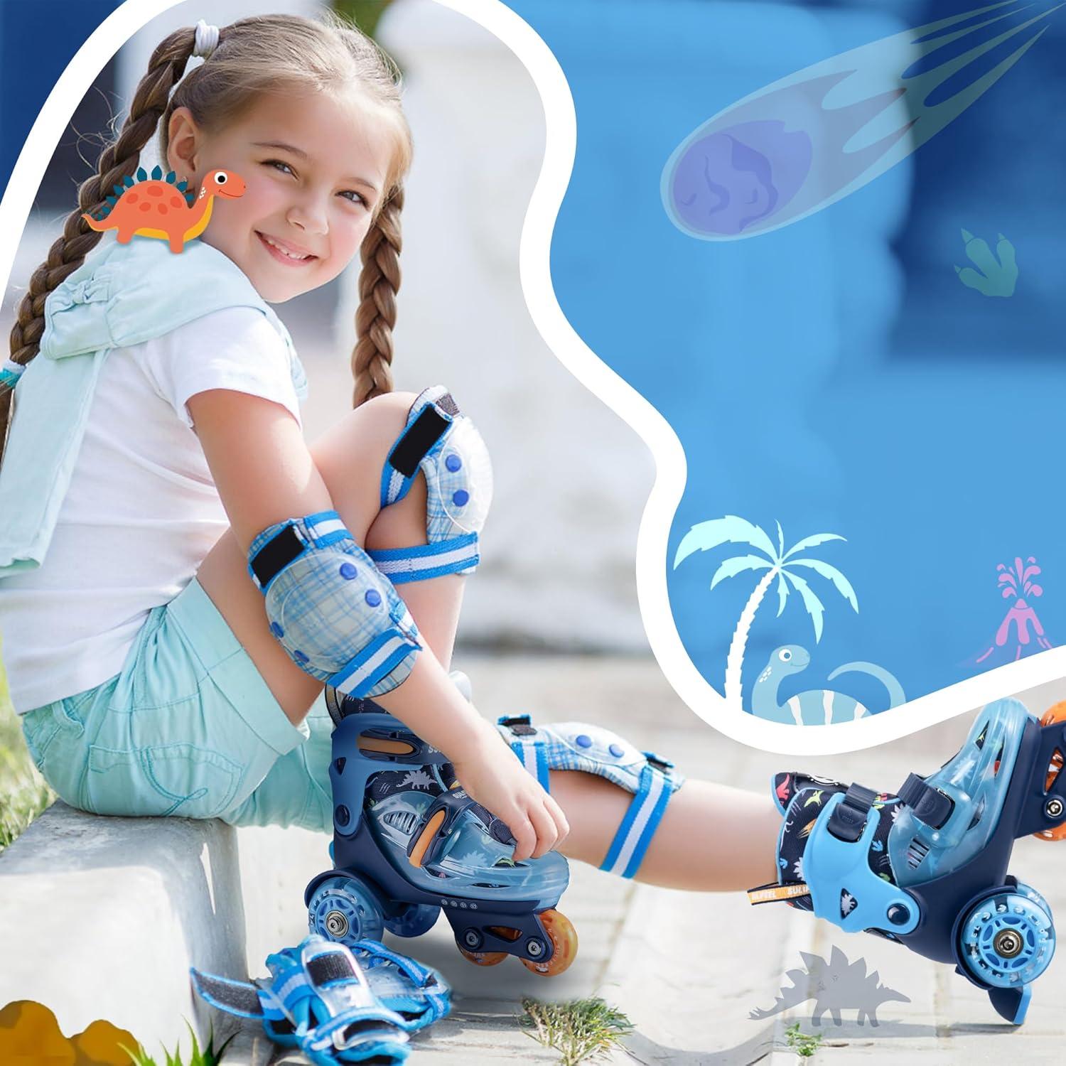 imageSULIFEEL Adjustable Roller Skates for Girls Boys KidsFun Illuminating Light Up Flash Wheels ThreePoint Type Balance Suitable for Beginners Indoor Roller SkatingDinosaur Blue