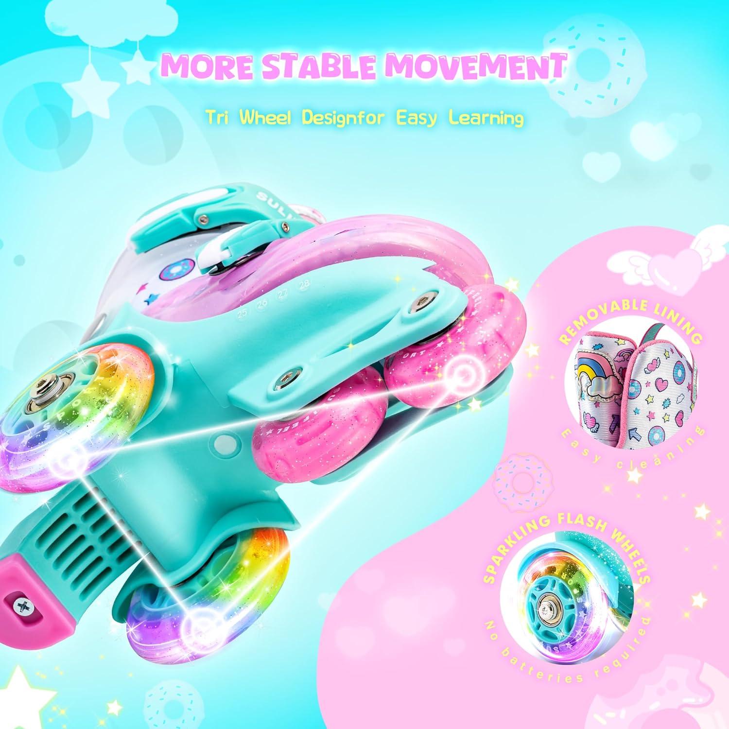 imageSULIFEEL Adjustable Roller Skates for Girls Boys KidsFun Illuminating Light Up Flash Wheels ThreePoint Type Balance Suitable for Beginners Indoor Roller SkatingGreen  Pink