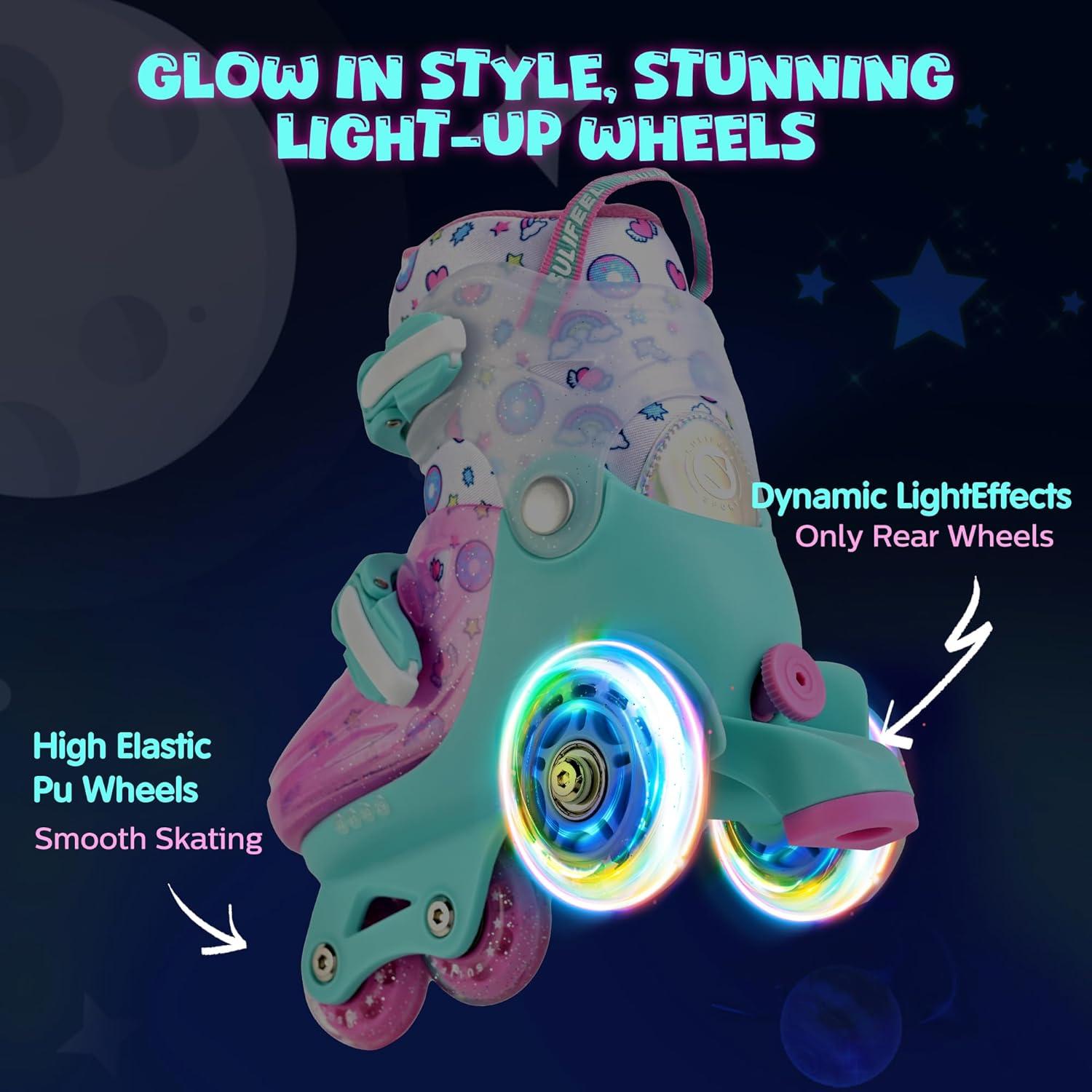 imageSULIFEEL Adjustable Roller Skates for Girls Boys KidsFun Illuminating Light Up Flash Wheels ThreePoint Type Balance Suitable for Beginners Indoor Roller SkatingGreen  Pink