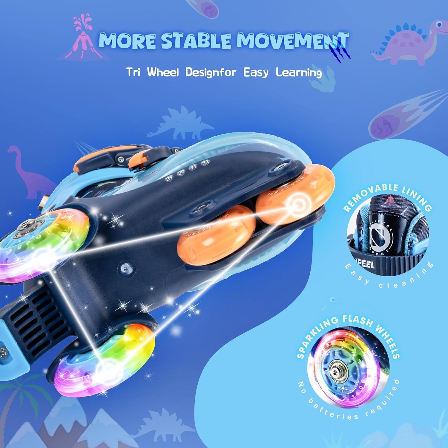 imageSULIFEEL Adjustable Roller Skates for Girls Boys KidsFun Illuminating Light Up Flash Wheels ThreePoint Type Balance Suitable for Beginners Indoor Roller SkatingDinosaur Blue
