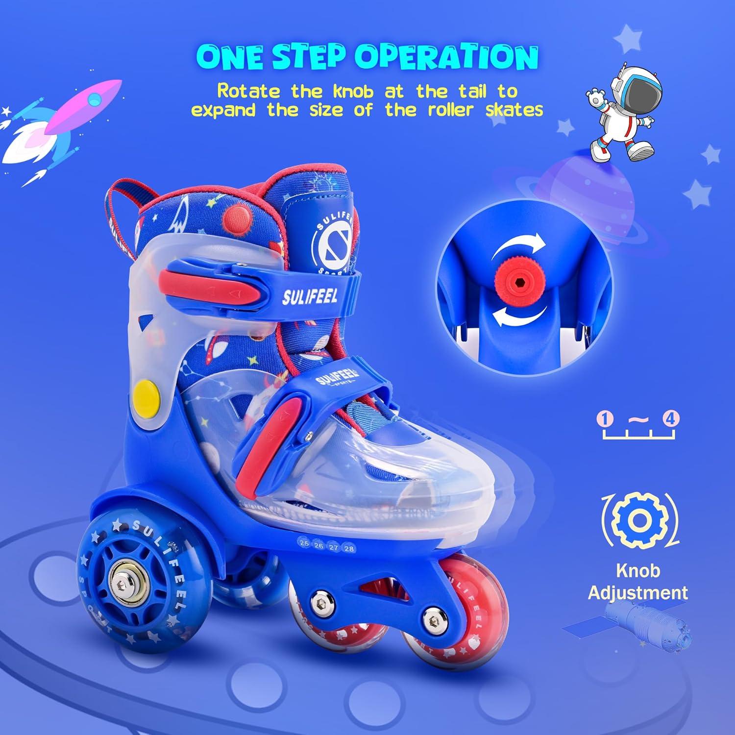 imageSULIFEEL Adjustable Roller Skates for Girls Boys KidsFun Illuminating Light Up Flash Wheels ThreePoint Type Balance Suitable for Beginners Indoor Roller SkatingSpace Blue