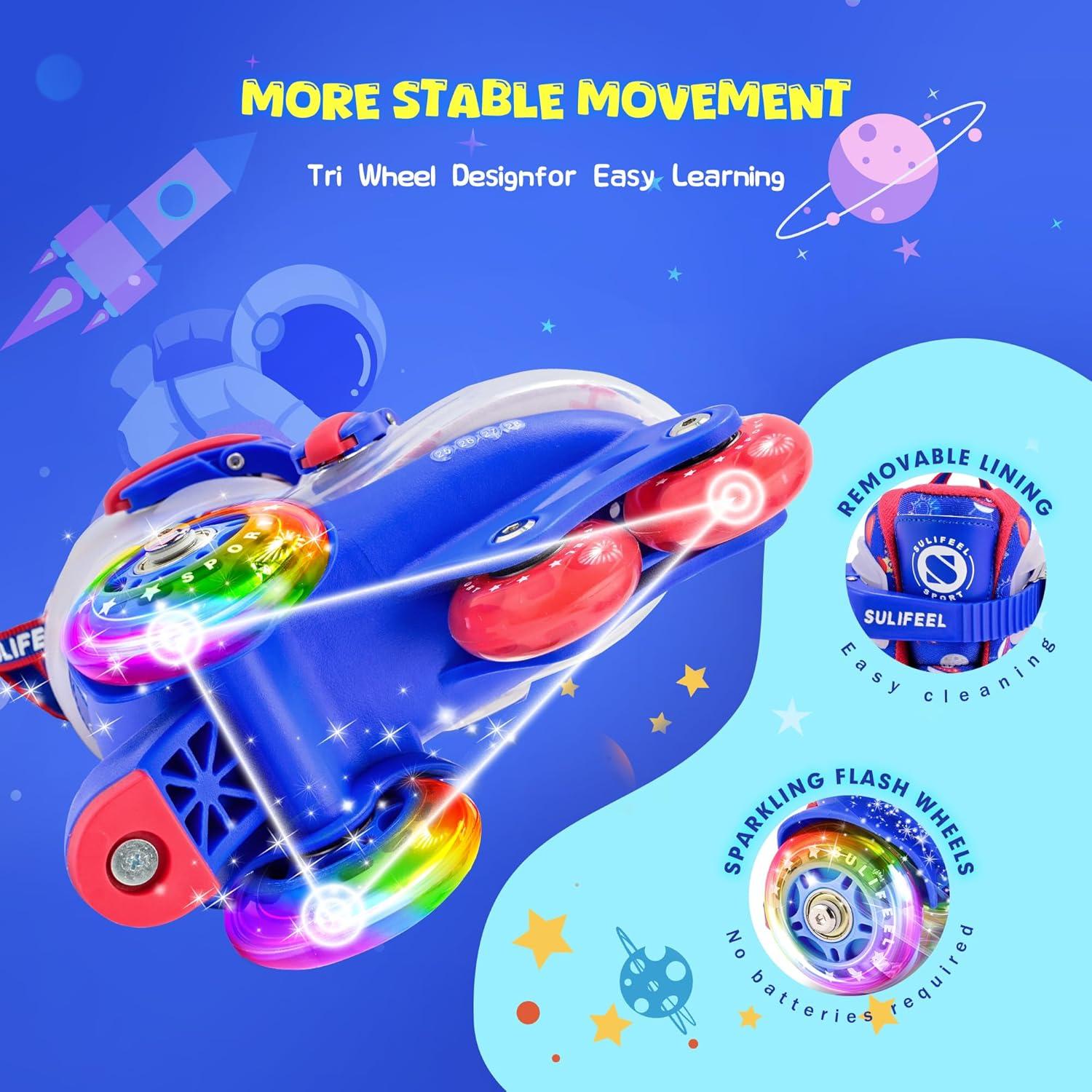 imageSULIFEEL Adjustable Roller Skates for Girls Boys KidsFun Illuminating Light Up Flash Wheels ThreePoint Type Balance Suitable for Beginners Indoor Roller SkatingSpace Blue
