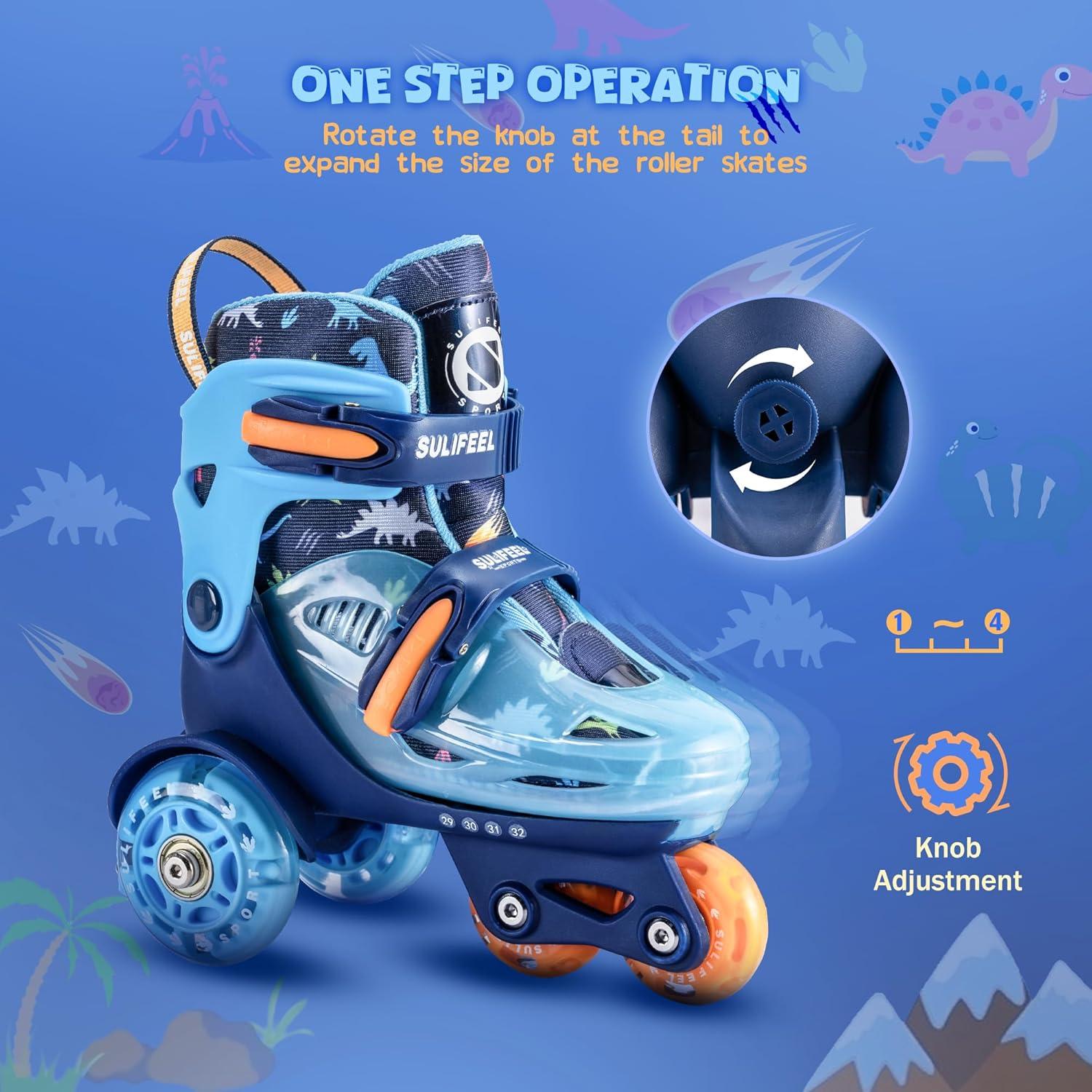 imageSULIFEEL Adjustable Roller Skates for Girls Boys KidsFun Illuminating Light Up Flash Wheels ThreePoint Type Balance Suitable for Beginners Indoor Roller SkatingDinosaur Blue