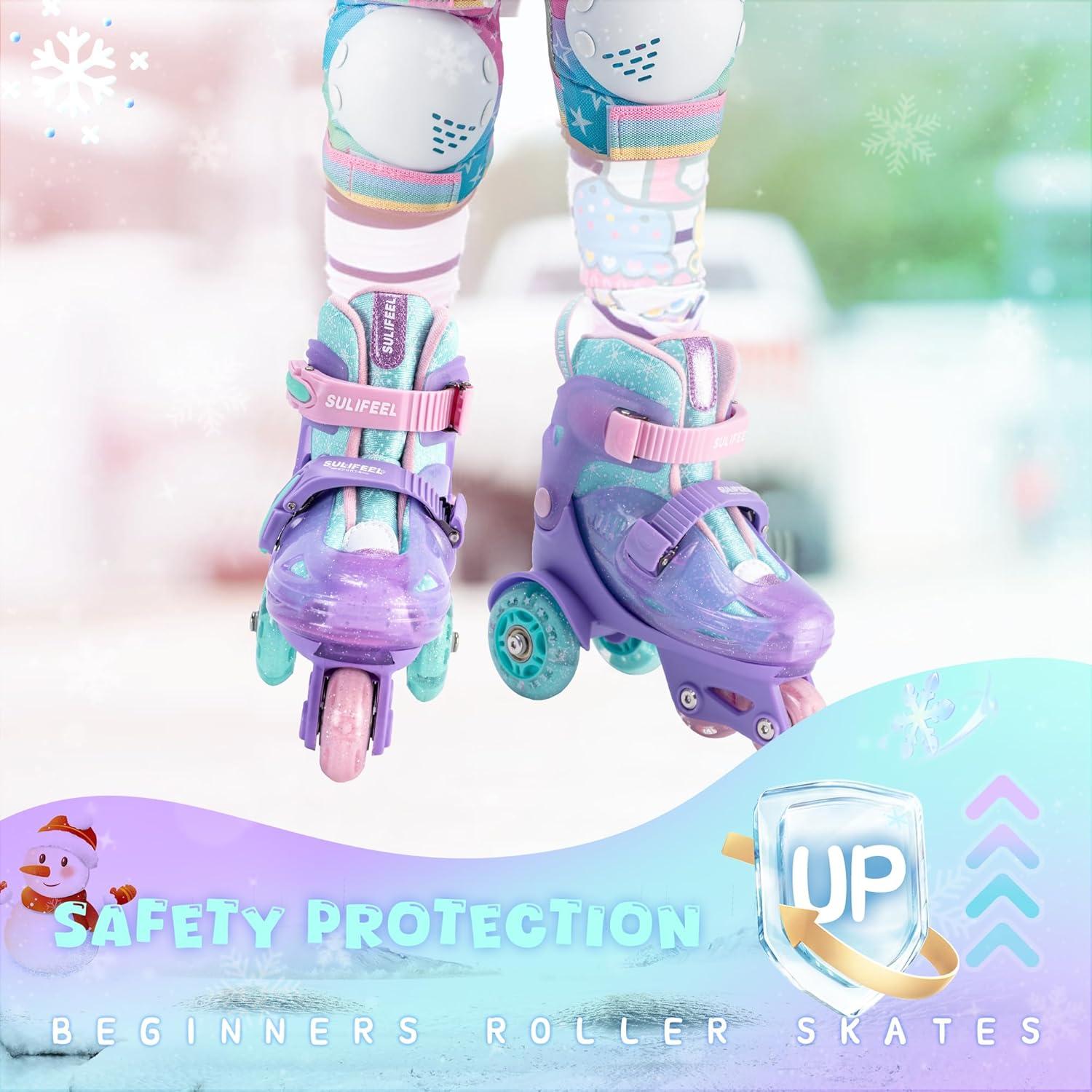 imageSULIFEEL Adjustable Roller Skates for Girls Boys KidsFun Illuminating Light Up Flash Wheels ThreePoint Type Balance Suitable for Beginners Indoor Roller SkatingSnowflake Blue