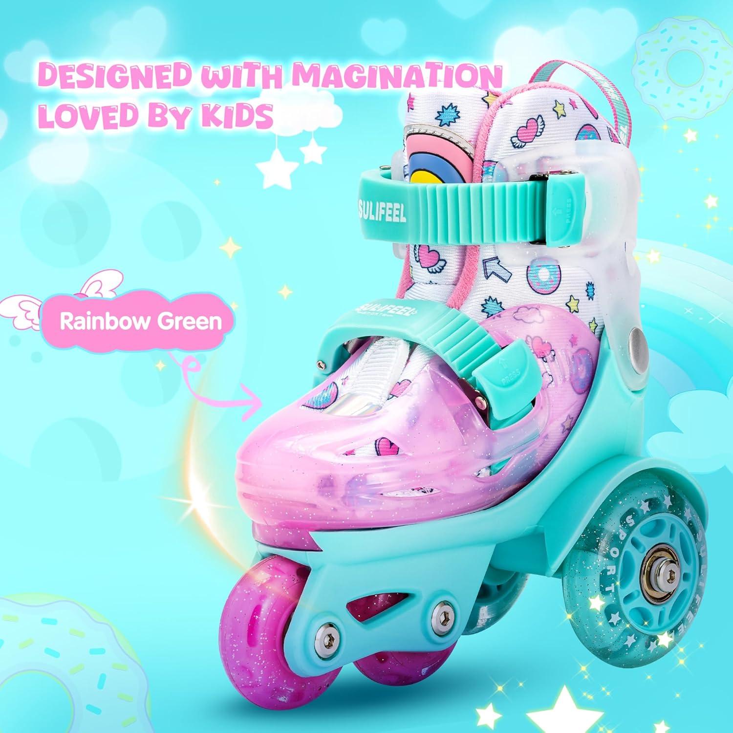 imageSULIFEEL Adjustable Roller Skates for Girls Boys KidsFun Illuminating Light Up Flash Wheels ThreePoint Type Balance Suitable for Beginners Indoor Roller SkatingGreen  Pink