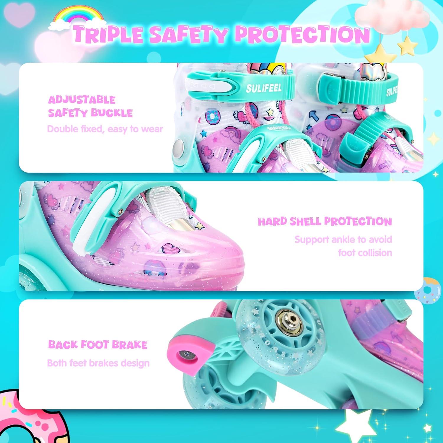 imageSULIFEEL Adjustable Roller Skates for Girls Boys KidsFun Illuminating Light Up Flash Wheels ThreePoint Type Balance Suitable for Beginners Indoor Roller SkatingGreen  Pink