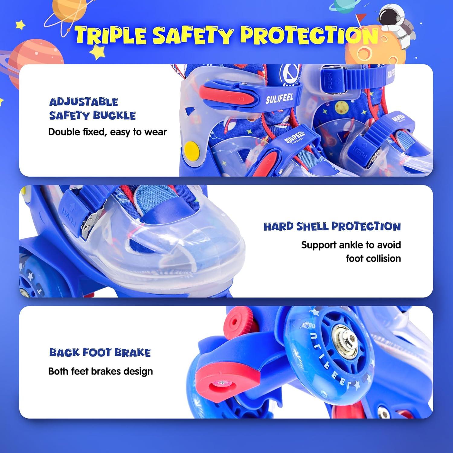 imageSULIFEEL Adjustable Roller Skates for Girls Boys KidsFun Illuminating Light Up Flash Wheels ThreePoint Type Balance Suitable for Beginners Indoor Roller SkatingSpace Blue