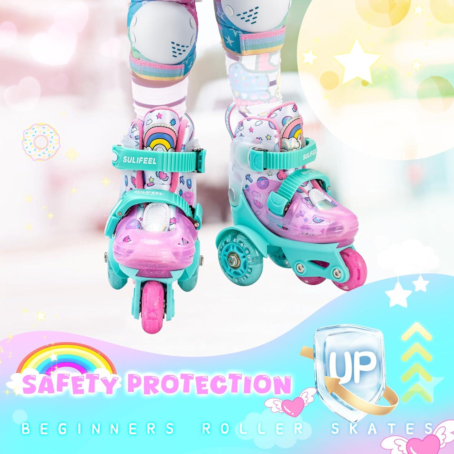 imageSULIFEEL Adjustable Roller Skates for Girls Boys KidsFun Illuminating Light Up Flash Wheels ThreePoint Type Balance Suitable for Beginners Indoor Roller SkatingGreen  Pink