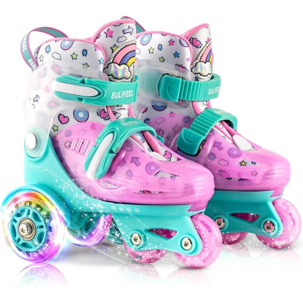 imageSULIFEEL Adjustable Roller Skates for Girls Boys KidsFun Illuminating Light Up Flash Wheels ThreePoint Type Balance Suitable for Beginners Indoor Roller SkatingGreen  Pink