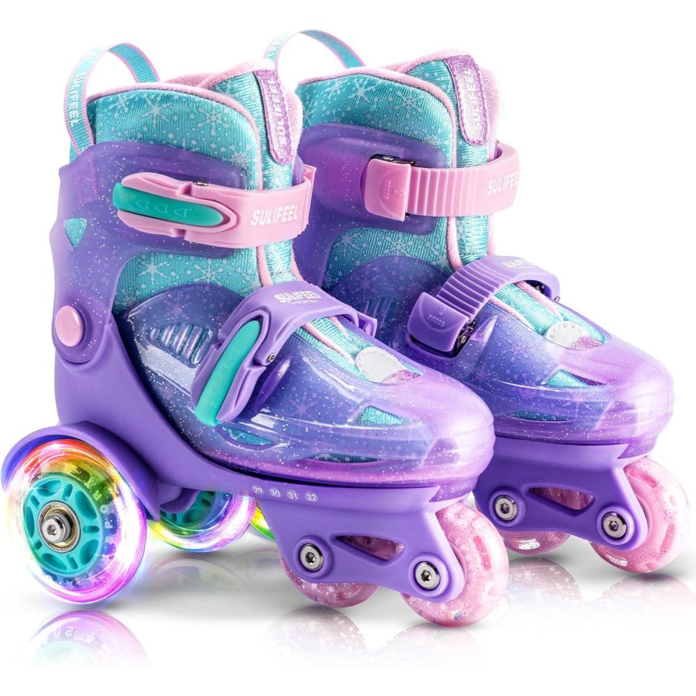 imageSULIFEEL Adjustable Roller Skates for Girls Boys KidsFun Illuminating Light Up Flash Wheels ThreePoint Type Balance Suitable for Beginners Indoor Roller SkatingSnowflake Blue