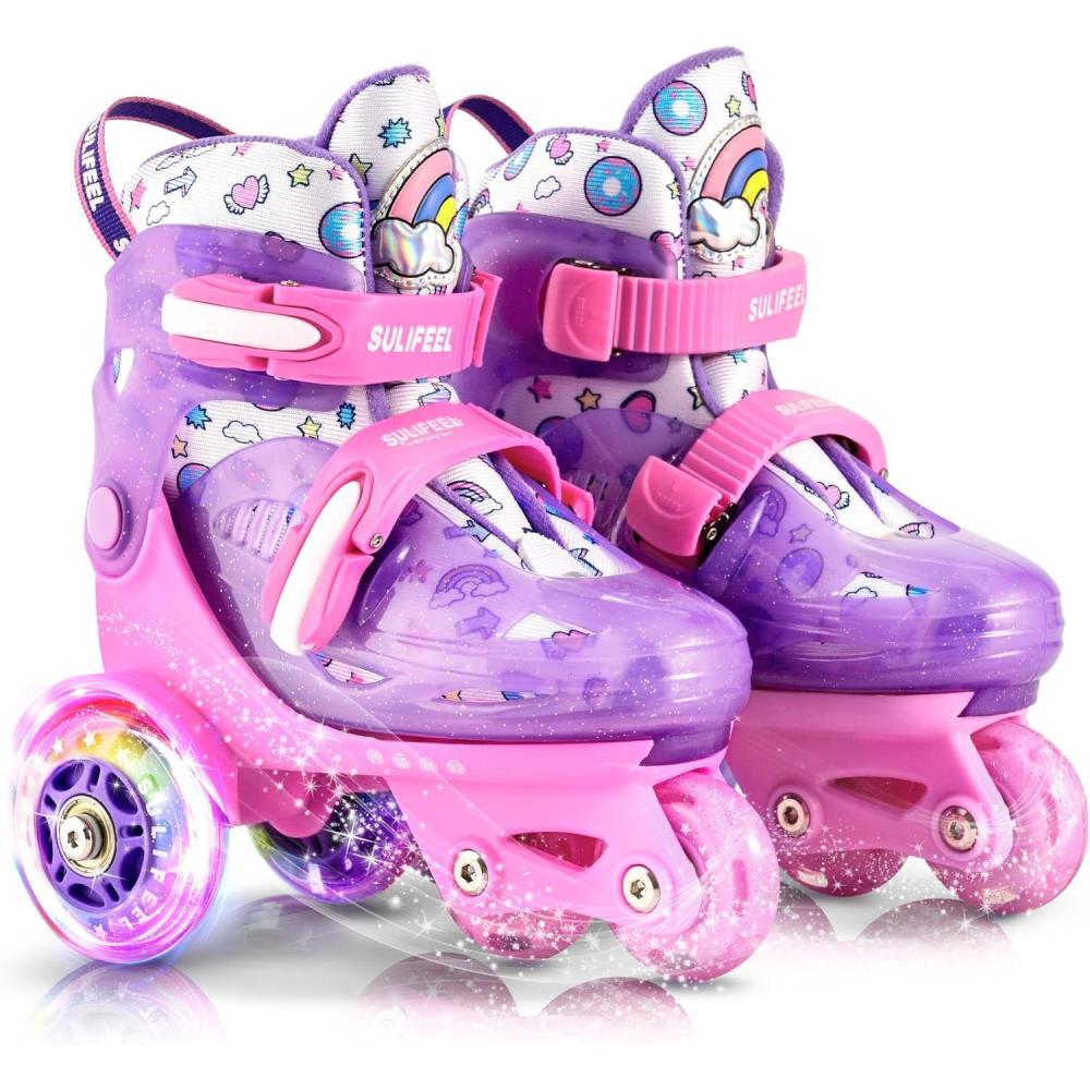 imageSULIFEEL Adjustable Roller Skates for Girls Boys KidsFun Illuminating Light Up Flash Wheels ThreePoint Type Balance Suitable for Beginners Indoor Roller SkatingPurple  Pink