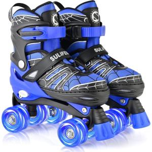 imageSULIFEEL Adjustable Kids Roller Skates for Boys Ages 35 58 612 with 4 Sizes Adjustable Light up Wheels Best Children Gift for Beginners Indoor Outdoor SportsSpider Blue
