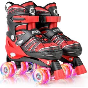 imageSULIFEEL Adjustable Kids Roller Skates for Boys Ages 35 58 612 with 4 Sizes Adjustable Light up Wheels Best Children Gift for Beginners Indoor Outdoor SportsSpider Red