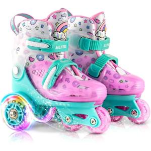 imageSULIFEEL Adjustable Roller Skates for Girls Boys KidsFun Illuminating Light Up Flash Wheels ThreePoint Type Balance Suitable for Beginners Indoor Roller SkatingGreen  Pink