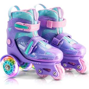imageSULIFEEL Adjustable Roller Skates for Girls Boys KidsFun Illuminating Light Up Flash Wheels ThreePoint Type Balance Suitable for Beginners Indoor Roller SkatingSnowflake Blue