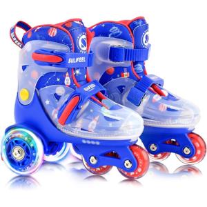 imageSULIFEEL Adjustable Roller Skates for Girls Boys KidsFun Illuminating Light Up Flash Wheels ThreePoint Type Balance Suitable for Beginners Indoor Roller SkatingSpace Blue