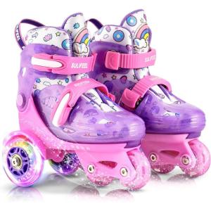 imageSULIFEEL Adjustable Roller Skates for Girls Boys KidsFun Illuminating Light Up Flash Wheels ThreePoint Type Balance Suitable for Beginners Indoor Roller SkatingPurple  Pink