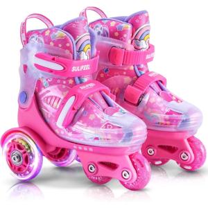 imageSULIFEEL Adjustable Roller Skates for Girls Boys KidsFun Illuminating Light Up Flash Wheels ThreePoint Type Balance Suitable for Beginners Indoor Roller SkatingUnicorn Pink
