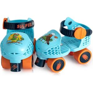 imageSULIFEEL Kids Adjustable Quad Roller SkatesToddler Beginner Roller Skates for Girls and Boys Age 25 Years OldDinosaur Blue