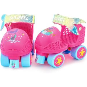imageSULIFEEL Kids Adjustable Quad Roller SkatesToddler Beginner Roller Skates for Girls and Boys Age 25 Years OldMermaid Pink
