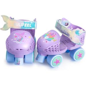 imageSULIFEEL Kids Adjustable Quad Roller SkatesToddler Beginner Roller Skates for Girls and Boys Age 25 Years OldMermaid Purple