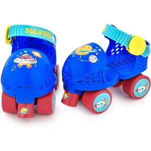 imageSULIFEEL Kids Adjustable Quad Roller SkatesToddler Beginner Roller Skates for Girls and Boys Age 25 Years OldSpace Blue