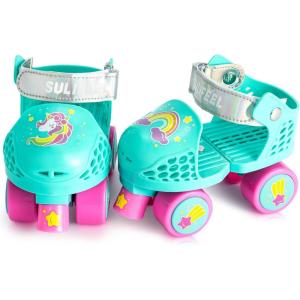 imageSULIFEEL Kids Adjustable Quad Roller SkatesToddler Beginner Roller Skates for Girls and Boys Age 25 Years OldUnicorn Green