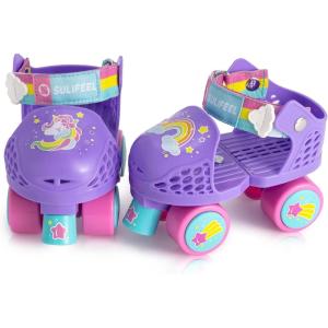 imageSULIFEEL Kids Adjustable Quad Roller SkatesToddler Beginner Roller Skates for Girls and Boys Age 25 Years OldUnicorn Purple