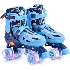 imageSULIFEEL Roller Skates for Girls Boys Kids Ages 310 with Light Up Wheels Adjustable 4 Sizes for Kids Toddler Beginner RollerskatesDinosaur Blue