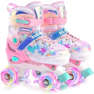 imageSULIFEEL Roller Skates for Girls Boys Kids with Light Up Wheels Adjustable 4 Sizes for Little Kids Toddler Beginner RollerskatesPink