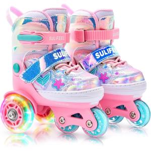 imageSULIFEEL Roller Skates for Girls Boys Kids with Light Up Wheels Adjustable 4 Sizes for Little Kids Toddler Beginner RollerskatesPinkToddler