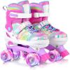 imageSULIFEEL Rainbow TieDye Adjustable Roller Skates for Girls Kids Ages 35 58 612 Pink Purple Light Up Skate with Fluffy Pom Poms Triple Protection for Indoor Outdoor SkatingRose Red