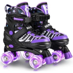 imageSULIFEEL Letter Adjustable 4 Size Kids Roller Skates for Girls and Boys Beginner Skates All 8 Light up Wheels Sports for Indoor OutdoorPurple