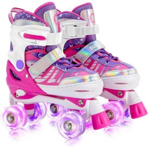 imageSULIFEEL Letter Adjustable 4 Size Kids Roller Skates for Girls and Boys Beginner Skates All 8 Light up Wheels Sports for Indoor OutdoorRose Red
