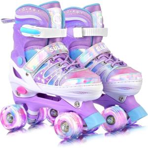 imageSULIFEEL Rainbow TieDye Adjustable Roller Skates for Girls Kids Ages 35 58 612 Pink Purple Light Up Skate with Fluffy Pom Poms Triple Protection for Indoor Outdoor SkatingStellar Purple