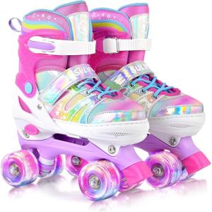 imageSULIFEEL Rainbow TieDye Adjustable Roller Skates for Girls Kids Ages 35 58 612 Pink Purple Light Up Skate with Fluffy Pom Poms Triple Protection for Indoor Outdoor SkatingRose Red