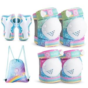 imageSULIFEEL Rainbow Unicorn Knee Pads for Kids Knee Elbow Pads Wrist Guards with Drawstring Bag Adjustable Protective Gear Set for Girls Roller Skating Bike Cycling Skateboard Scooter Green SmallGradient
