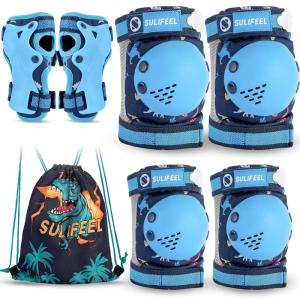 imageSULIFEEL Rainbow Unicorn Knee Pads for Kids Knee Elbow Pads Wrist Guards with Drawstring Bag Adjustable Protective Gear Set for Girls Roller Skating Bike Cycling Skateboard Scooter Green SmallDinosaur Blue