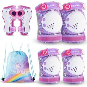 imageSULIFEEL Rainbow Unicorn Knee Pads for Kids Knee Elbow Pads Wrist Guards with Drawstring Bag Adjustable Protective Gear Set for Girls Roller Skating Bike Cycling Skateboard Scooter Green SmallUnicorn Purple