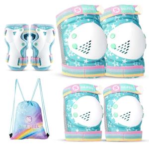 imageSULIFEEL Rainbow Unicorn Knee Pads for Kids Knee Elbow Pads Wrist Guards with Drawstring Bag Adjustable Protective Gear Set for Girls Roller Skating Bike Cycling Skateboard Scooter Green SmallGreen
