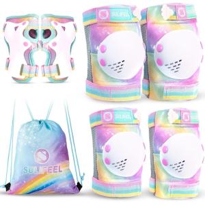 imageSULIFEEL Rainbow Unicorn Knee Pads for Kids Knee Elbow Pads Wrist Guards with Drawstring Bag Adjustable Protective Gear Set for Girls Roller Skating Bike Cycling Skateboard Scooter Green SmallDazzling